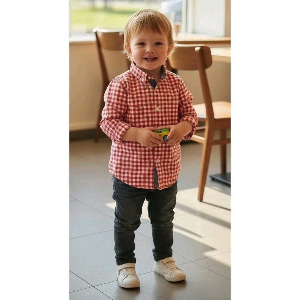 Free Planet Red Gingham Christmas Tree Embroidered Holiday Button-Down Shirt 3T‎